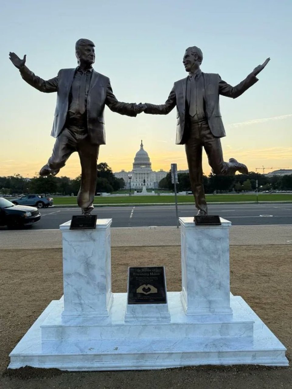 A statue entitled “Best Friends Forever” showing Trump and Jeffrey Epstein holding hands was placed on the National Mall in front of the U.S. Capitol early Tuesday.