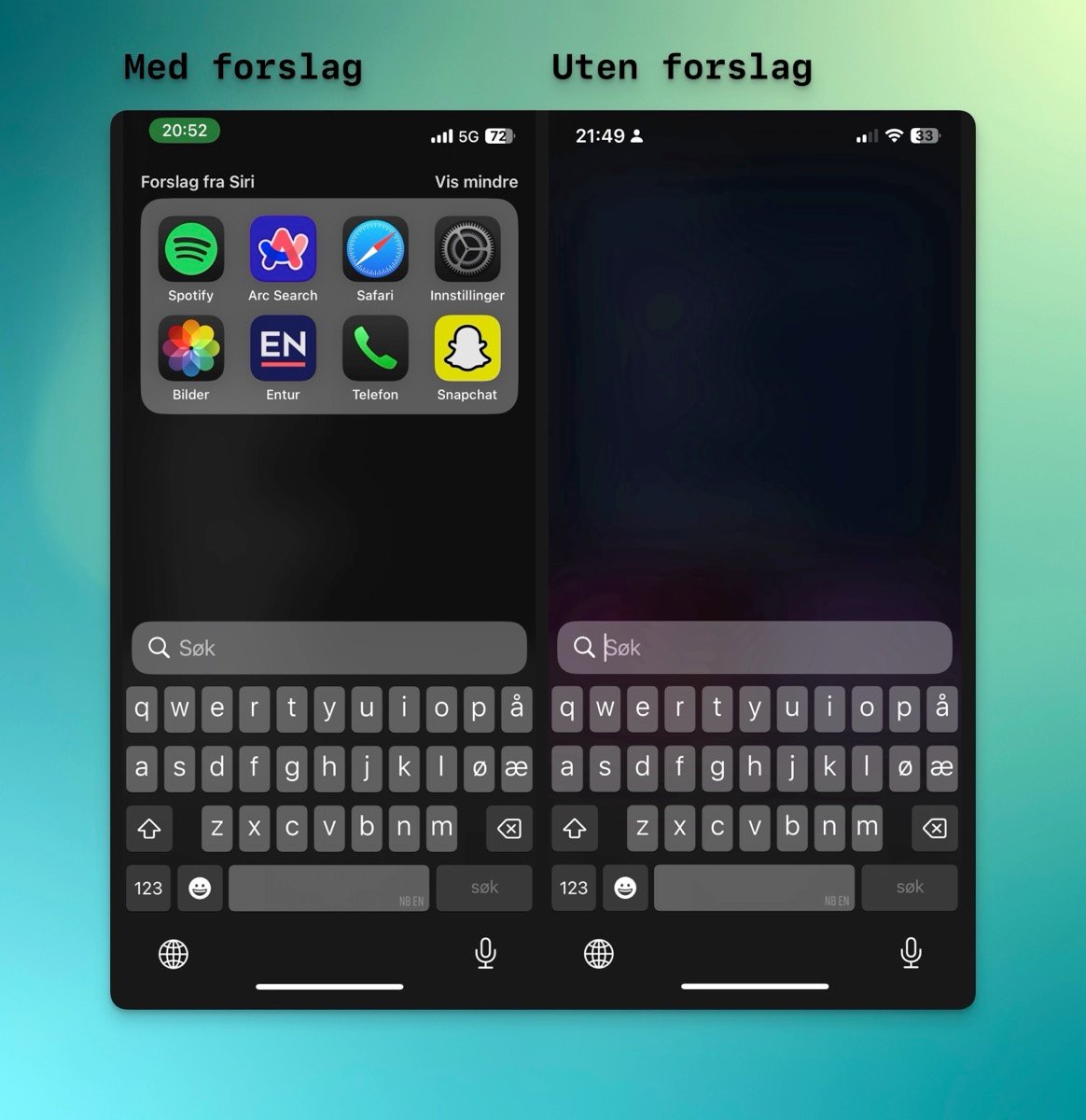 Eksempel på iphone-søk med og uten søkeforslag
