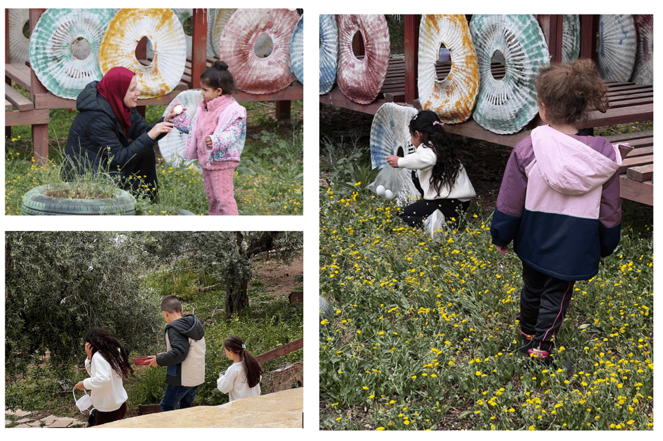 Children with coats on walking in a field, looking for eggs. In one image, an adult with a hijab bends down to show an egg to a little girl