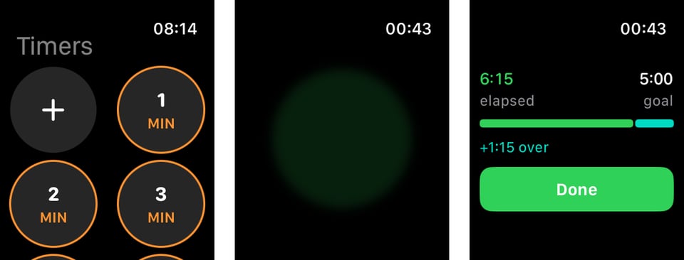 AtLeast on Apple Watch: pick a timer, a soft green glow while it taps, and the finish screen once you pass your minimum