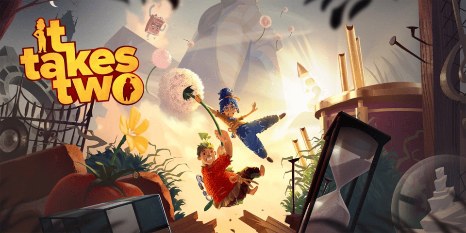 Two toy figures escape on a dandelion.