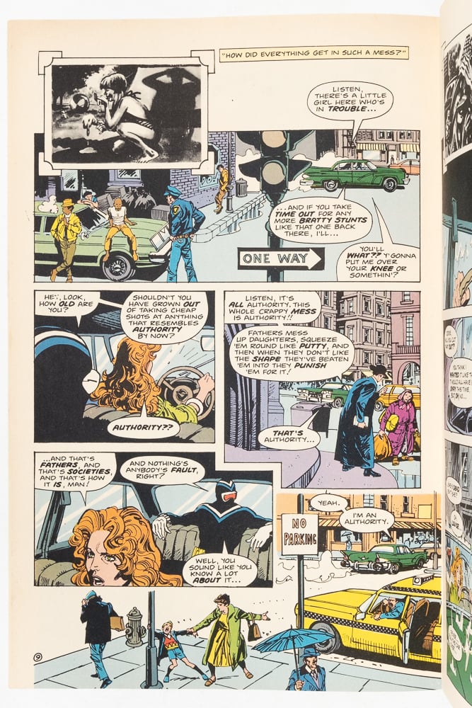 a page from Vigilante. The woman the Vigilante was fighting is driving him around now in her car as they try to save the girl. They are having a debate about authority and personal responsibility. Unsurprising the Vigilante has a rightwing viewpoint, which Moore makes fun of throughout the story.
