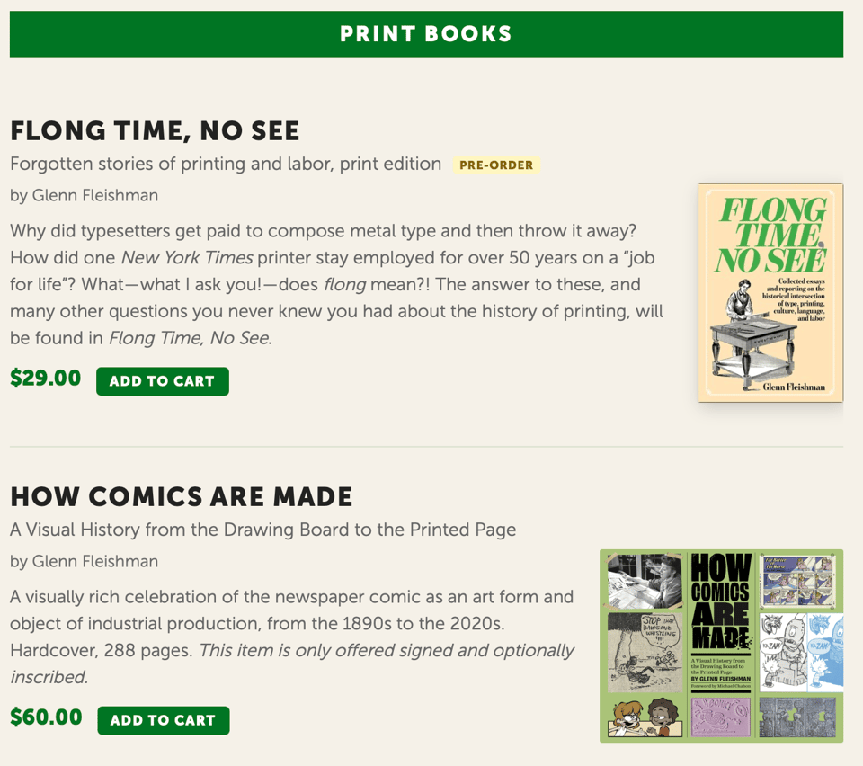 Screenshot of home page of Aperiodical Publishing ecommece website showing listings for two books: Flong Time, No See, and How Comics Are Made with their respective covers and prices