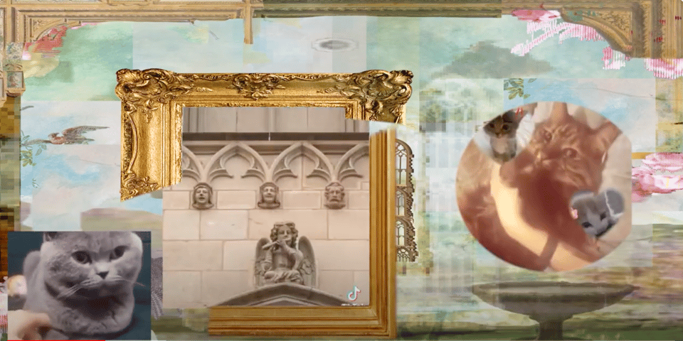 a video still showing a digital collage with cute cats, golden frames, and a heavenly sky