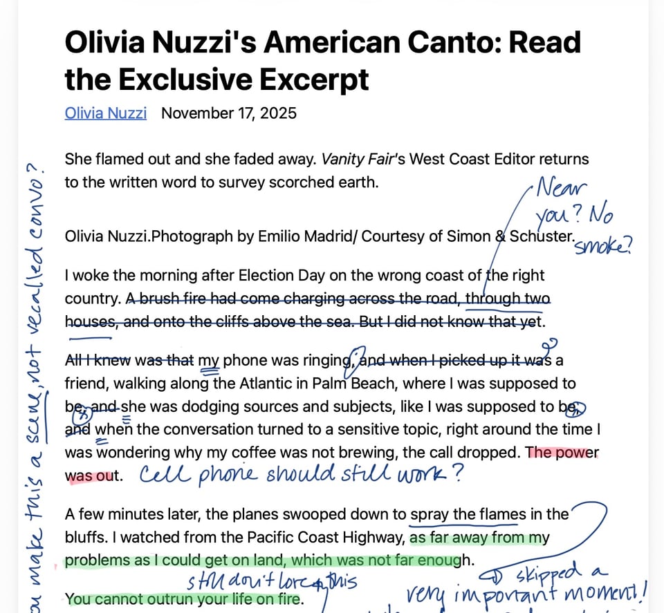 This is the first page of Olivia Nuzzi's VF excerpt, which I printed out and edited.