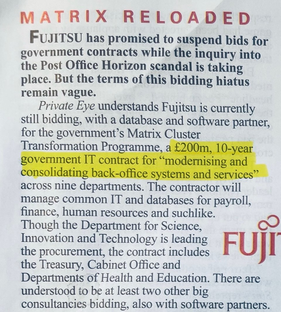 A snippet from Private Eye claiming Fujitsu are attempting to bid for part of the Shared Services delivery programme.