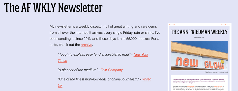 Ann Friedman's newsletter homepage