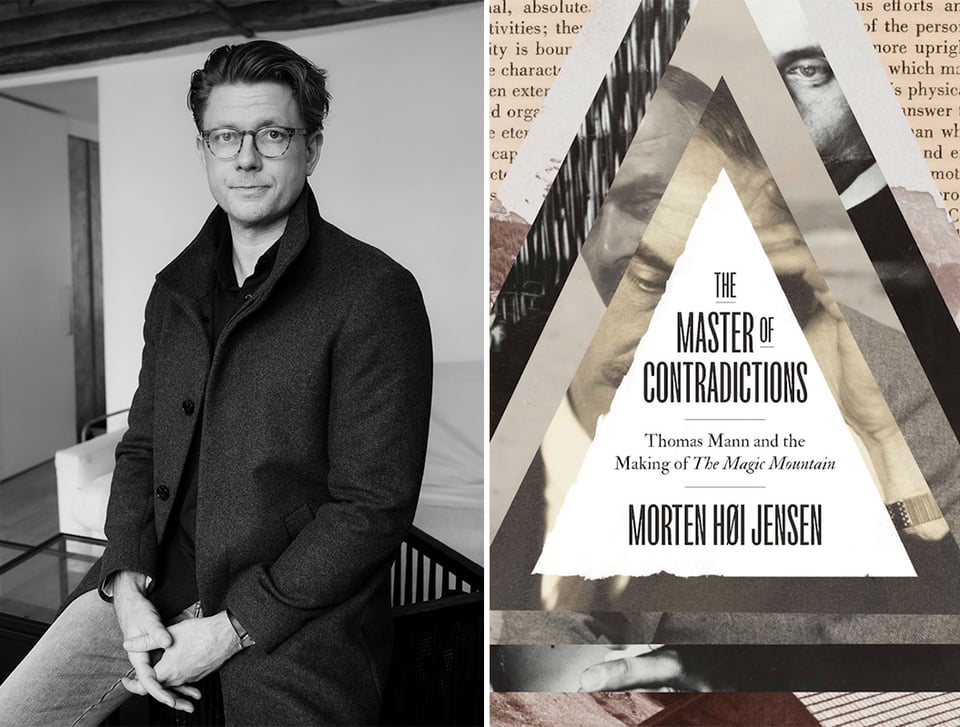 two images: left, b/w author photo of Morten Hoi Jensen; right, photo of cover of Morten's book, THE MASTER OF CONTRADICTIONS