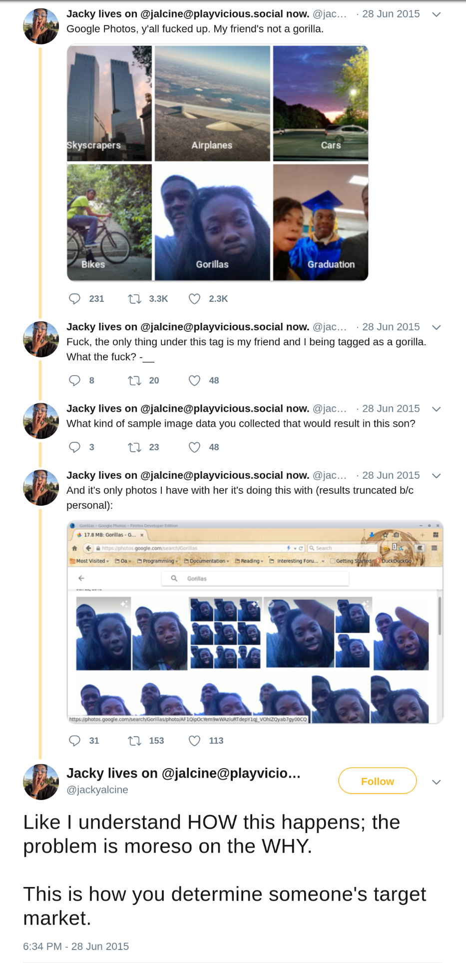 A screenshot from the Internet Archive of the tweets that kicked off scrunity into Google Photos and its ability to recognize Black faces.