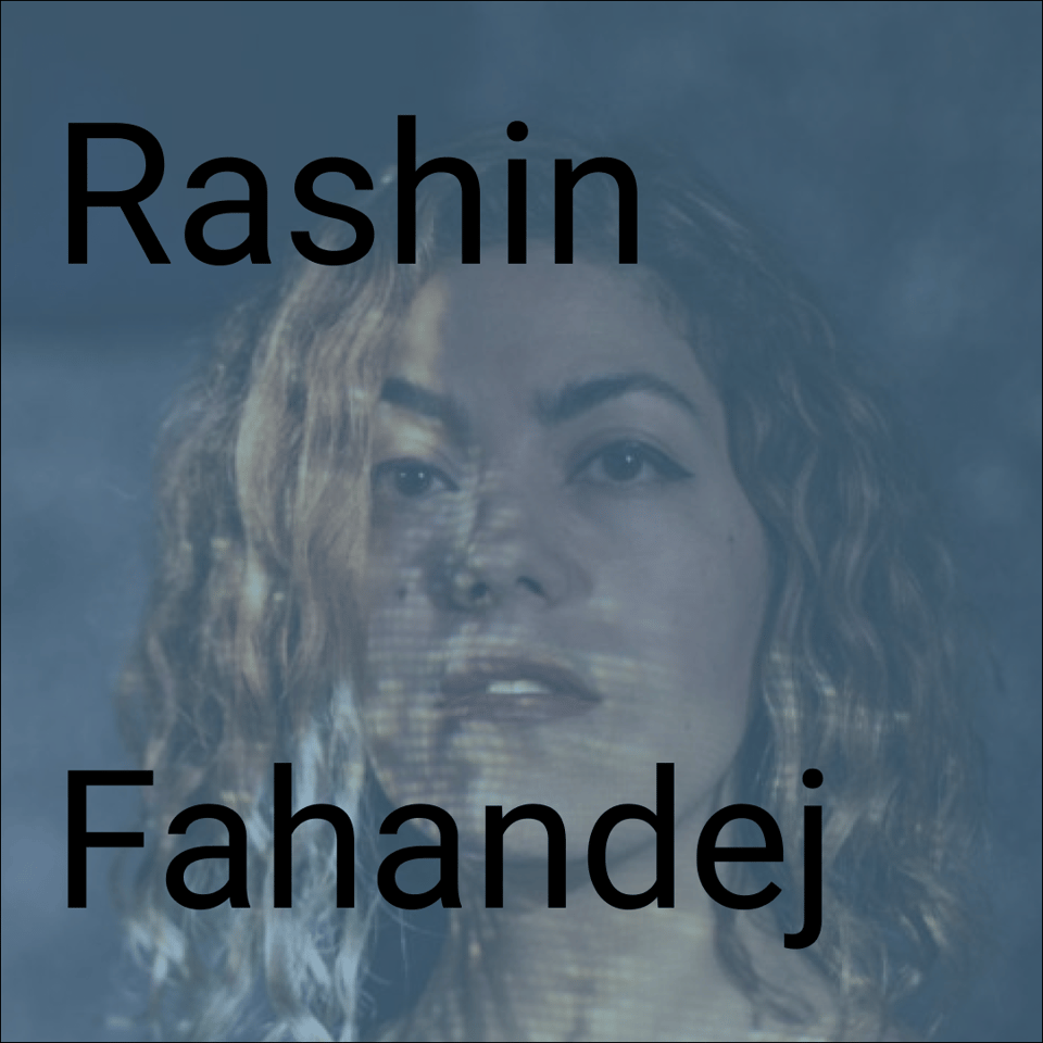 An image card with a headshot of the artist Rashin Fahandej in dappled light with blue tint to the image