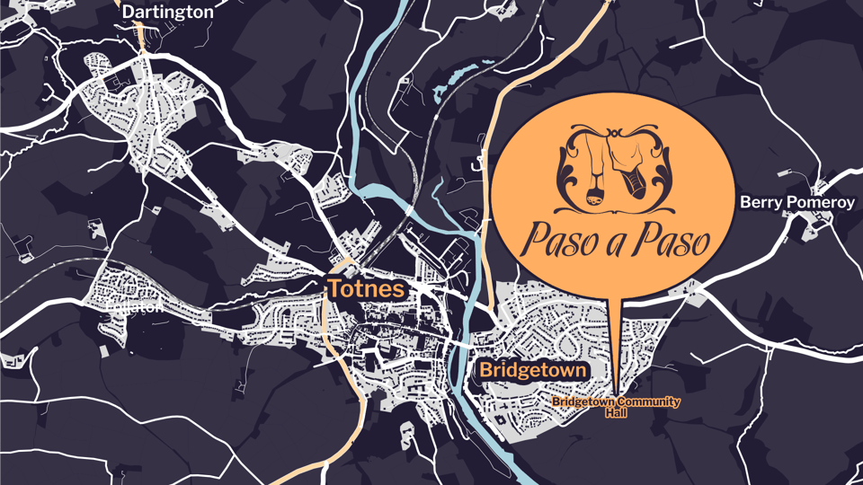 Map of Totnes and Bridgetown, indicating Paso a Paso at the top of Bridgetown Hill.