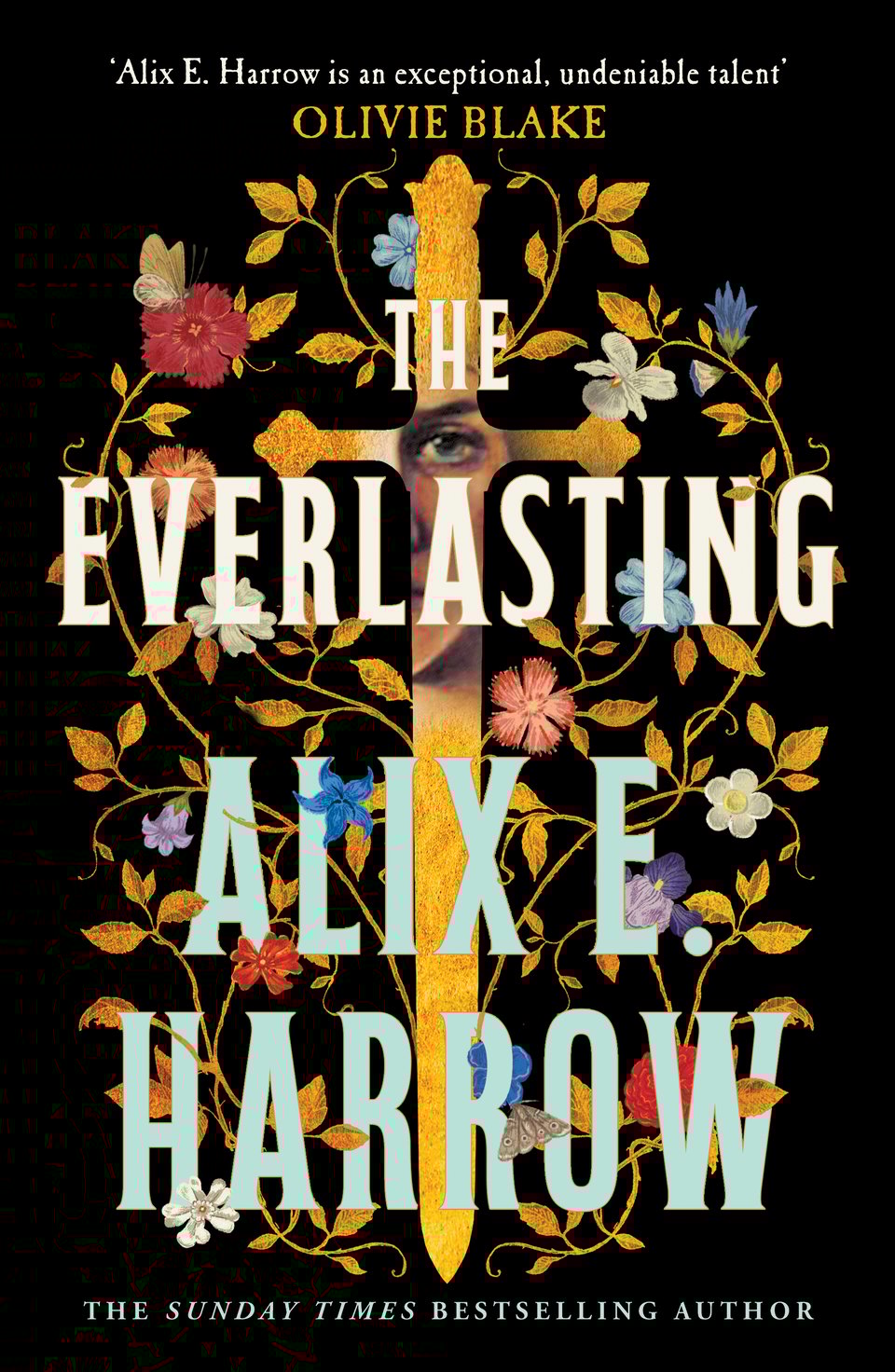 the UK cover for the everlasting by alix e. harrow. there's a sword and some flowers