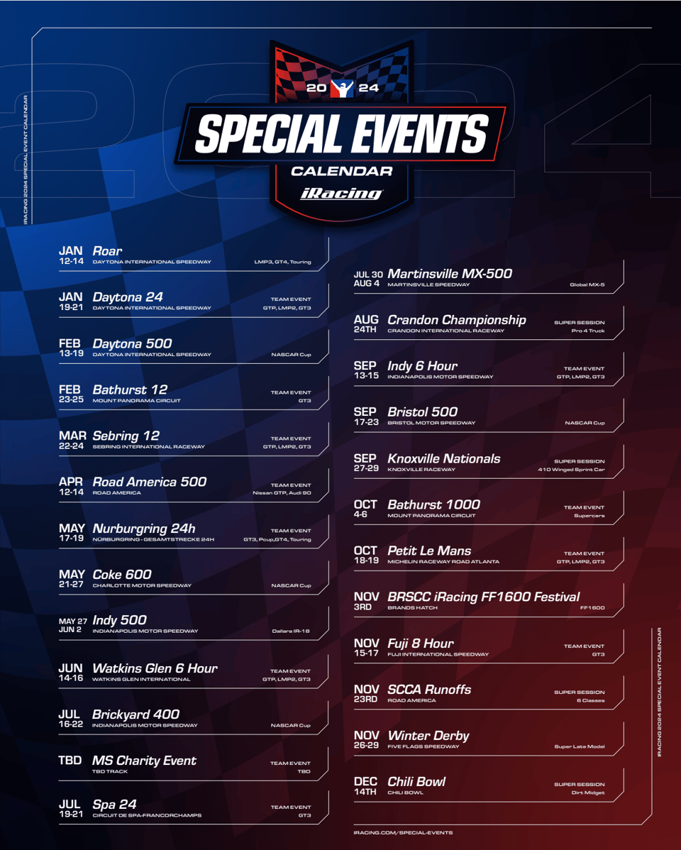 The full schedule of iRacing 2024 special events. Includes Indy 500 in May