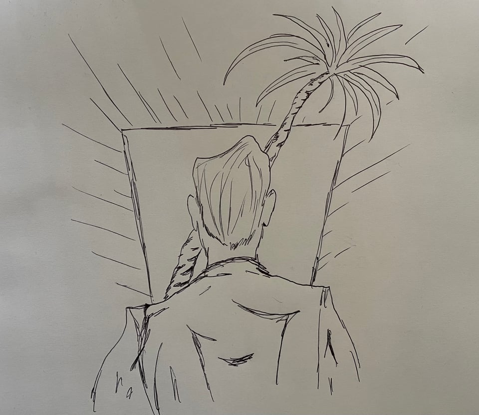 A rough pen sketch of a man staring at a palm tree lingering in the office door