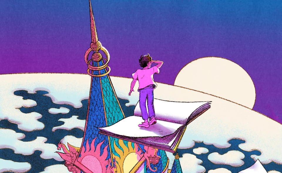 A person in a pink shirt and jeans stands on a large open book next to an ornate tower looking out at a curved planet's surface and a rising moon (or sun)? on the horizon.