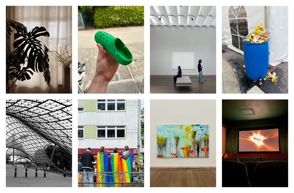 Collage aus dem Juli: München, Monstera, CSD, Kunst, Superman im Kino, ein 3D-gedruckter Croc
