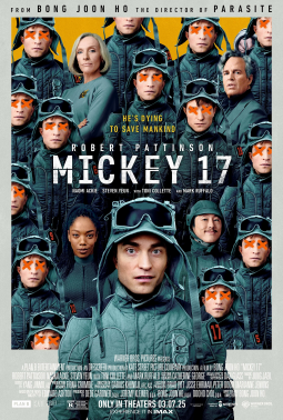 There is an array of Robert Pattinsons as Mickey in jumpsuits, with several of the other cast members mixed in amongst them