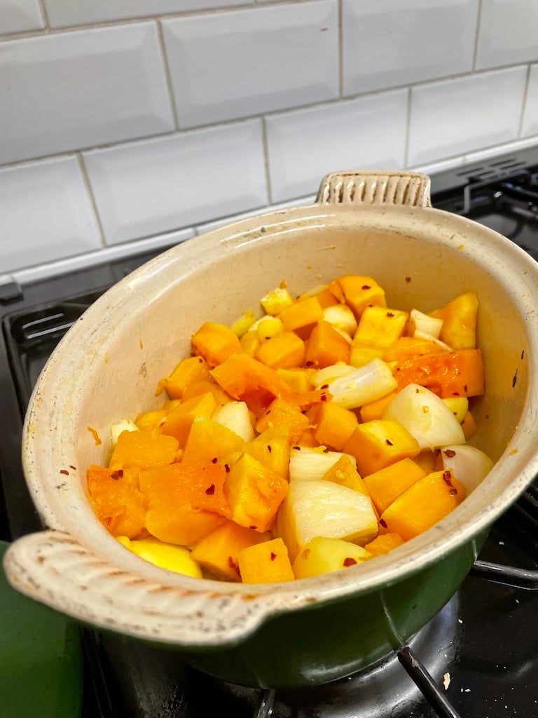 Chopped veg in a pot