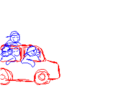 a roughly drawn carful of boys pulls up.