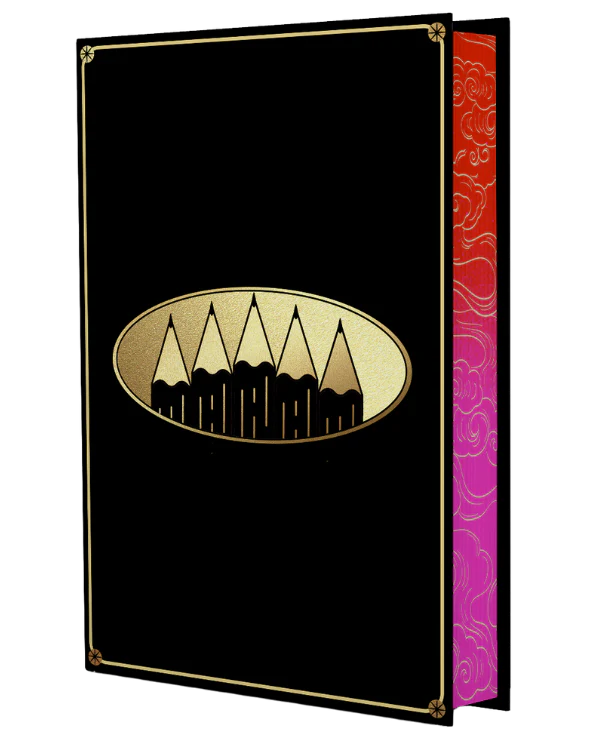 The Phoenix Pencil Company without its jacket, with just gold pencils on the hardcover
