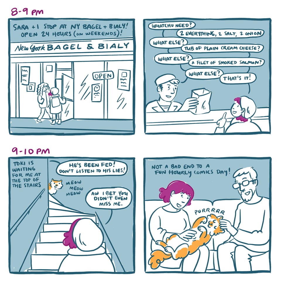 Panel 1: 8-9 PM, Sarah and Sara entering New York Bagel + Bialy. Caption: