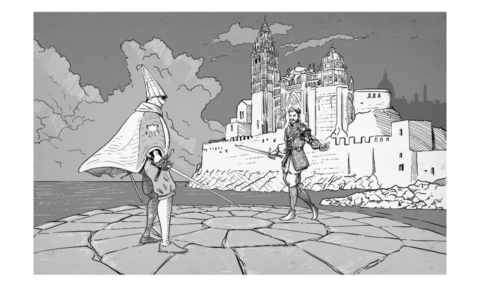 Against the background of a renaissance era fort or castle, two figures circle each other brandishing a rapier and a sword respectively.