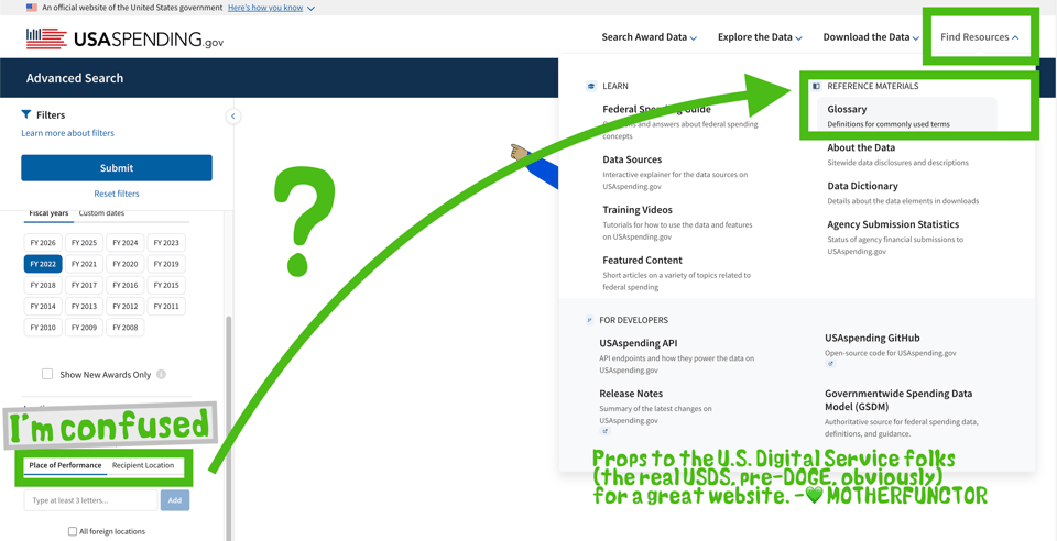 USASpending Search Landing Page with an arrow pointing to the Find Resources and Glossary tabs