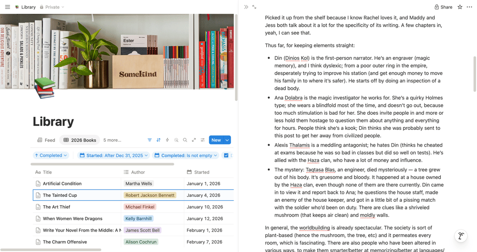 The same Notion database as above, now with a page open. The page is a listing of the characters and their motivations in Robert Jackson Bennett's The Tainted Cup.
