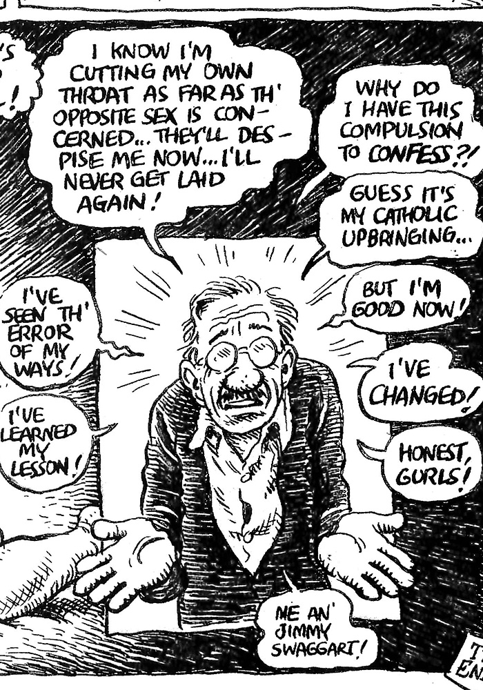 Comic panel of Crumb claiming he feels compelled to confess