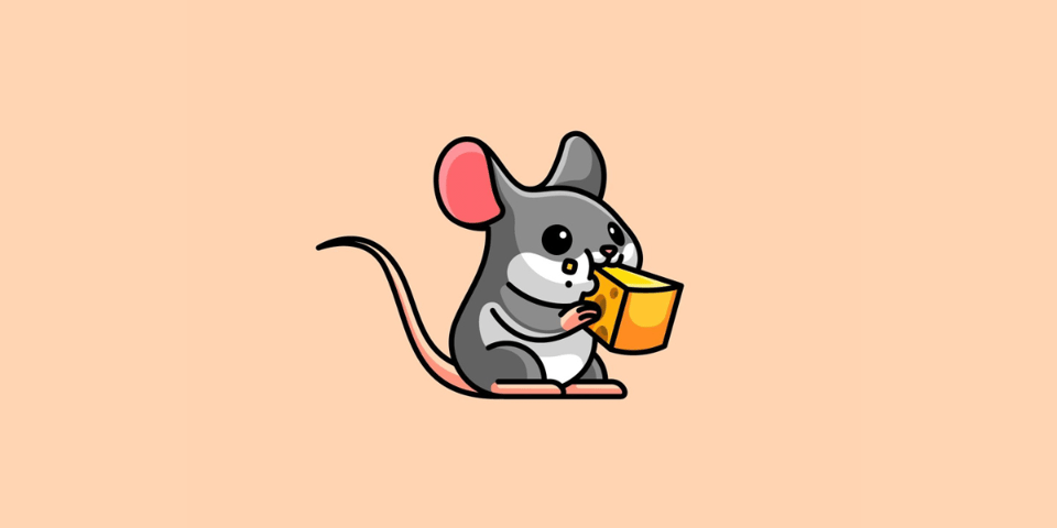 A cute cartoon mouse eating cheese.