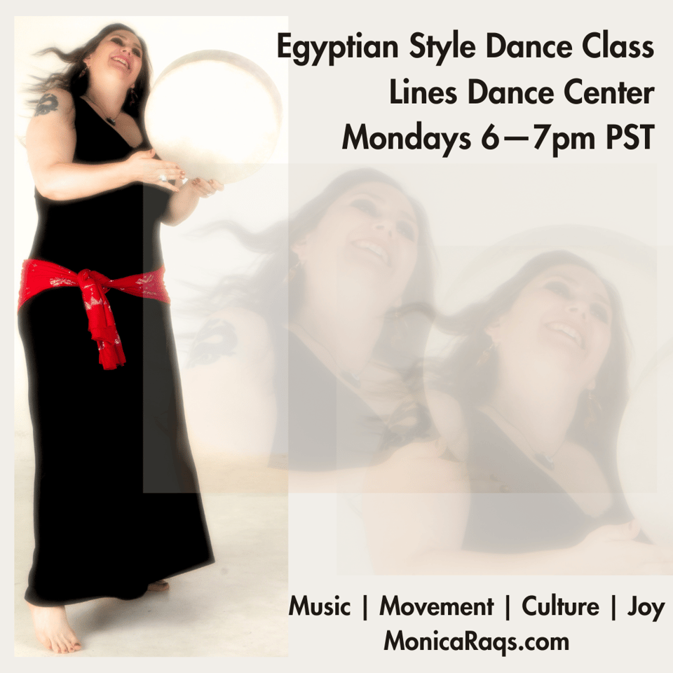 Image alt text: A person in a black dress and red hip scarf holds a frame drum and looks happy. The text advertises a weekly Egyptian dance class, Mondays at 6pm.
