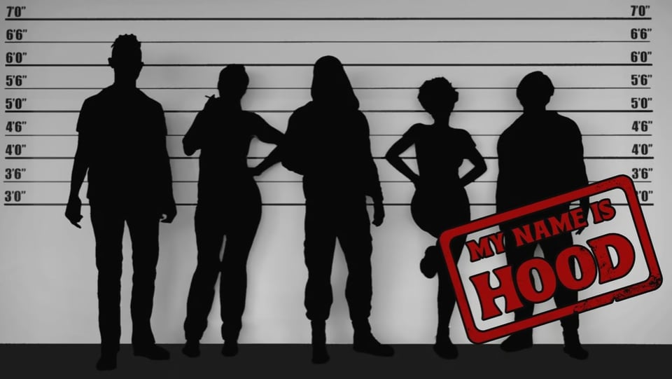 Banner for the Kickstarter campaign for My Name Is Hood, featuring five figures in silhouette standing in a police lineup.