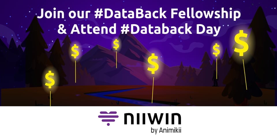 A purple dark night landscape with mountains, forest and a stream. White text at the top says Join our DataBack Fellowship and attend DataBack Day. There are yellow dollar signs labelling different aspects of the landscape.