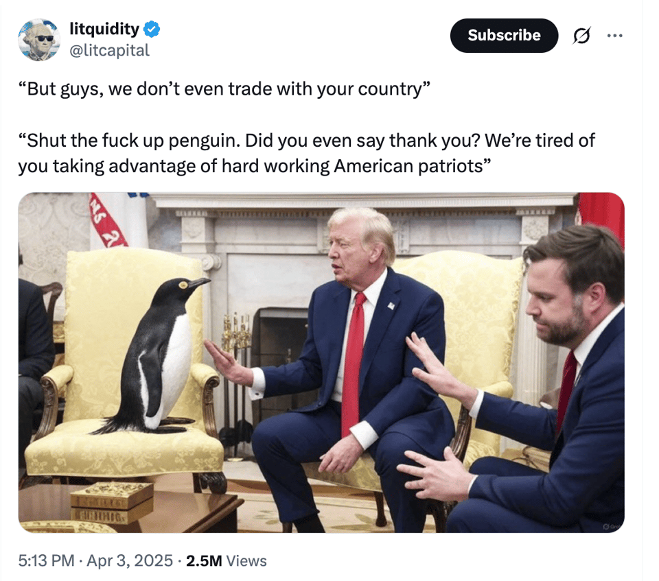 Tariff meme about a penguin seating in the white house