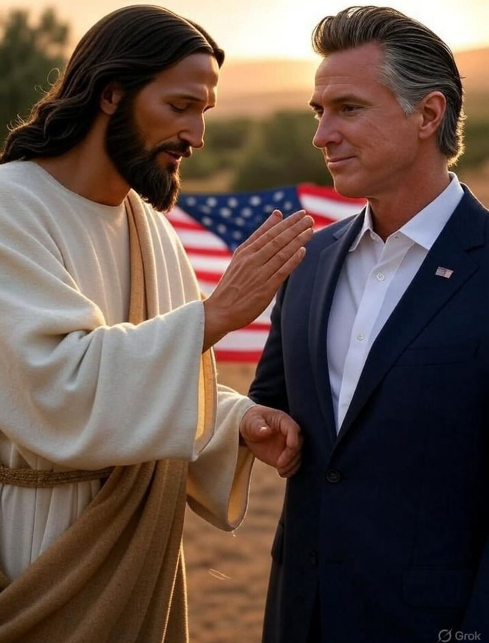 AI image of Jesus talking to Newsom in some sort of desert environment, with an American flag in the background. One of Jesus' hands is noticeably tiny.