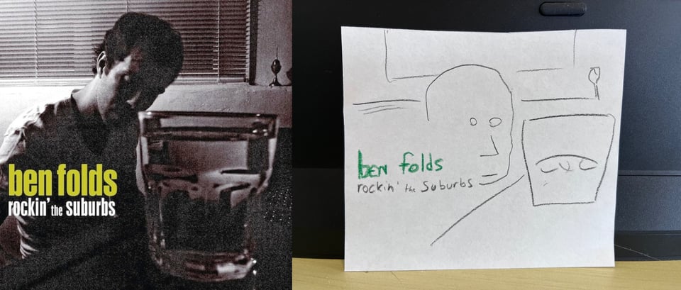 A moody black and white photo of Ben Folds, a skinny man with short black hair who has a kind of dapper look even though he's just wearing a t-shirt. He is at a piano, thoughtfully staring at the keys. In the extreme foreground, taking up most of the image, is a glass of liquid on top of the piano. Behind him is a window with horizontal blinds.