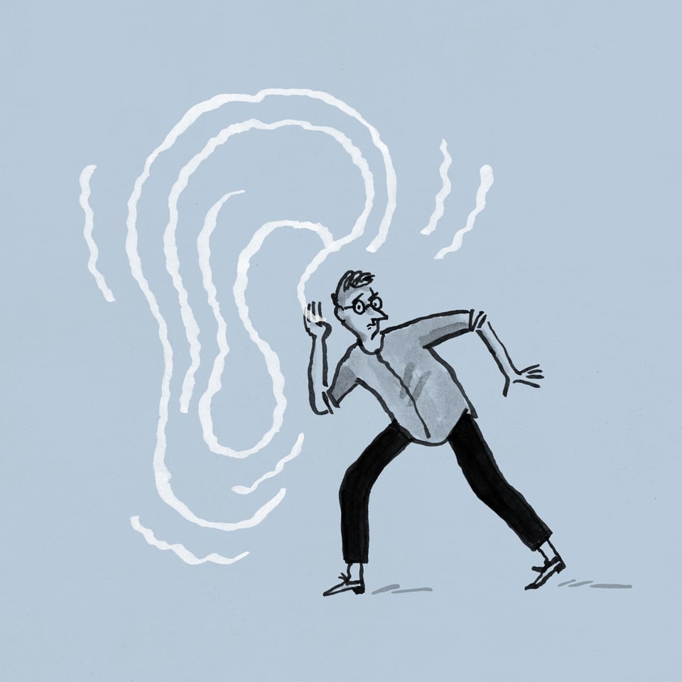 Ink drawing of a man making a desperate hearing gesture (touching is ear); a white wiggly line in shape of an ear appears next to him