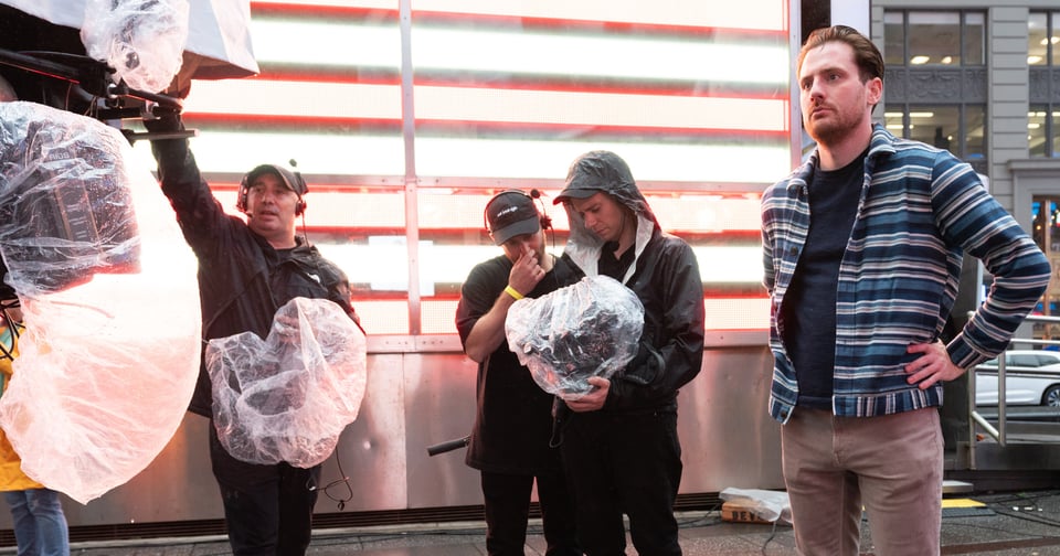 Andrew Soltys, Justin Ayers, and crew members on set during the filming