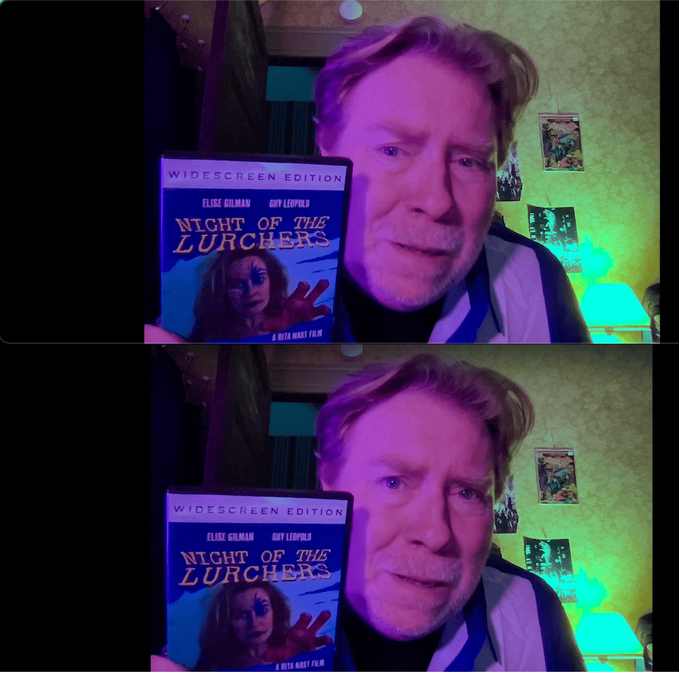 Two images of a frightened man, bathed in purple light, holding a DVD up to a screen