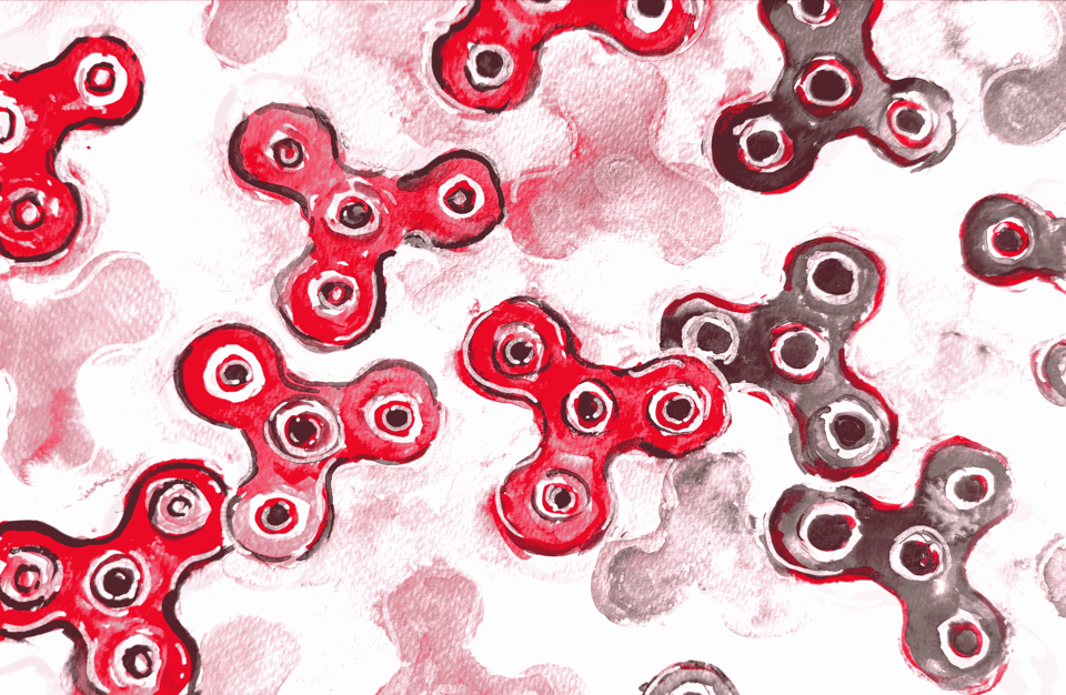 Watercolor illustration of a group of red and black fidget spinners.