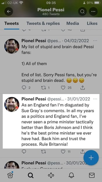 Screenshot of a tweet by the account named Pionel Pessi. “As an England fan I’m disgusted by Sue Gray’s comments…"