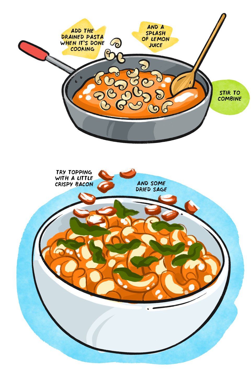 add the drained pasta when it's done cooking and a splash of lemon juice - stir until combined- try topping with a little crispy bacon and some dried sage