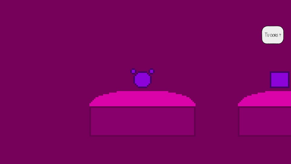 Placeholder of the Lucie scene looking like it has been made in MSPaint. Two beds with two heads floating above, one round, one square. The square head asks: are you sleeping?