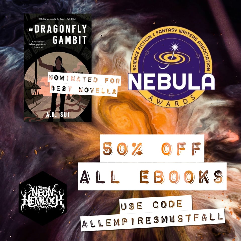 Dragonfly Gambit cover and Nebula Awards logo on a background of swirling outer space clouds