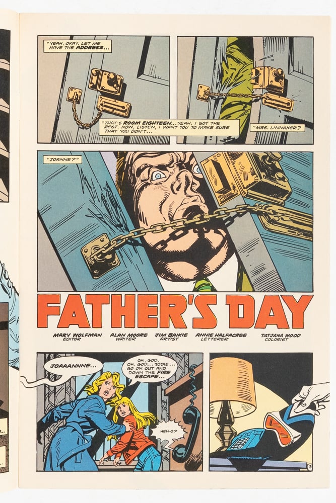 The next page of Vigilante 17. It's a title page that reads "Father's Day." The woman has gotten through on the phone but it is too late as the door of her apartment is broken in by her ex-husband. She sends her daughter out the fire escape. The final panel is of the Vigilante picking up his mask after he answered the phone.