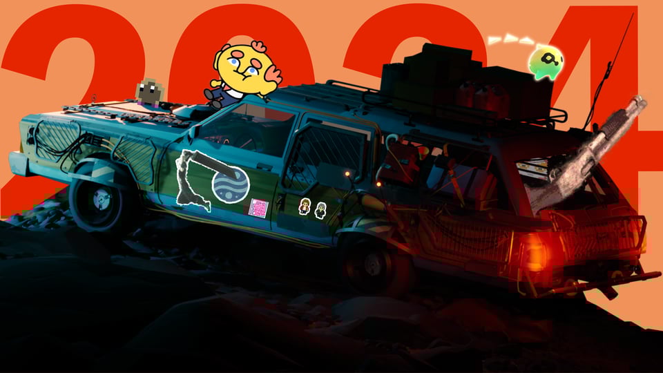 A collage of characters and symbols placed around the station wagon from 'Pacific Drive' The year '2024' is in the background.