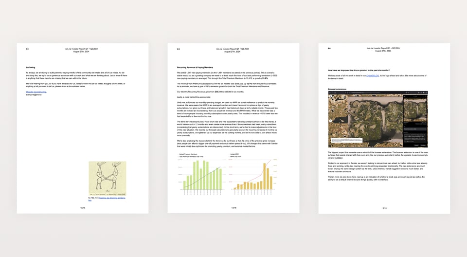 A screenshot of three scaled down pages from the Are.na bi-annual investor report. The text is unreadable.