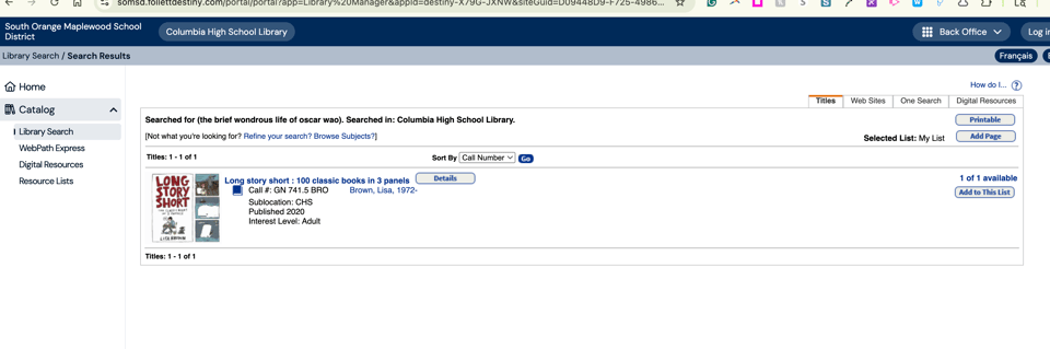 Screenshot of Destiny catalog for Columbia High School.