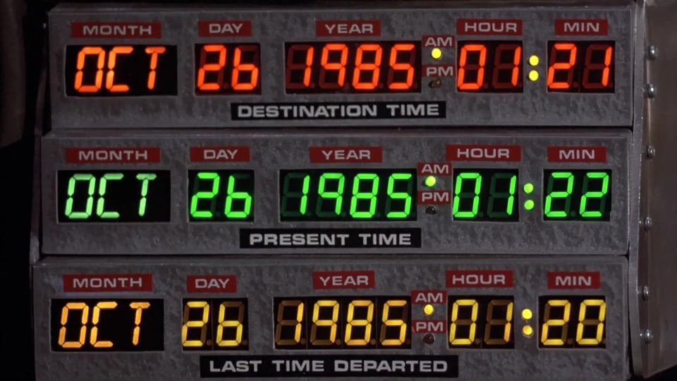 The time machine console reads October 26, 1985 at various times (1:20, 1:21, and 1:22)