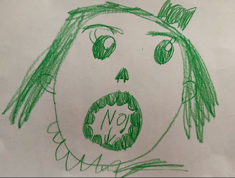 a child's drawing in green crayon of a girl's face with an open mouth with "no" written inside